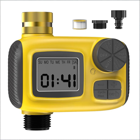 Smart Outdoor Watering Timer with Rain Delay & Manual Mode – Automatic Garden Irrigation Controller for Lawn, Patio, Pool and Vegetable Garden (Yellow)