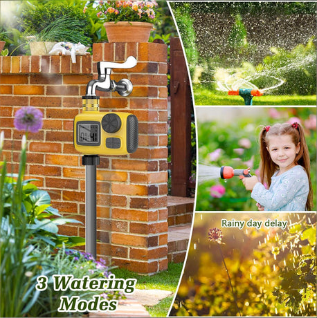 Smart Outdoor Watering Timer with Rain Delay & Manual Mode – Automatic Garden Irrigation Controller for Lawn, Patio, Pool and Vegetable Garden (Yellow)