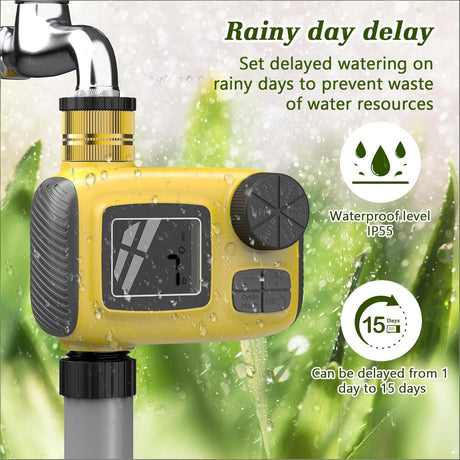Smart Outdoor Watering Timer with Rain Delay & Manual Mode – Automatic Garden Irrigation Controller for Lawn, Patio, Pool and Vegetable Garden (Yellow)