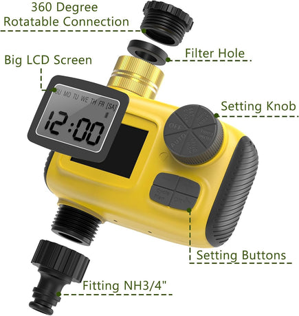 Smart Outdoor Watering Timer with Rain Delay & Manual Mode – Automatic Garden Irrigation Controller for Lawn, Patio, Pool and Vegetable Garden (Yellow)