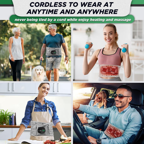 Inflatable Heating Massage Waist Belt with 3-Level Heat & Vibration – Cordless Back Support for Men and Women (Gray)