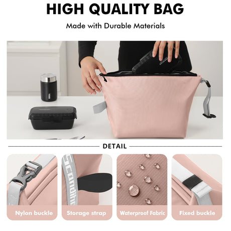 Foldable Lunch Bag – Reusable Insulated Cooler Tote with Waterproof Zipper, Leak-Proof Design, Lightweight & Compact, Ideal for Work, School, Picnic, Travel (Pink)