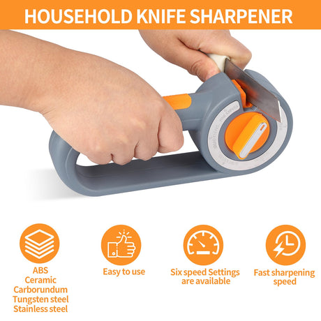 6-in-1 Rotary Knife Sharpener – Adjustable Multi-Function Sharpener for Knives, Scissors, Sushi & Bread Knives, Fast & Easy Sharpening Tool for Home Kitchen Use (Gray)