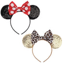2-Pack Minnie-Style Sequin Ear Headbands for Women & Girls – Sparkly Mouse Ears with Fabric Bows (Polka Dot Red & Leopard Print), Stretchy Comfort Fit, Perfect for Theme Parks, Parties, Cosplay, Photoshoots, and Daily Fun (Black & Beige)