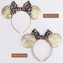 2-Pack Minnie-Style Sequin Ear Headbands for Women & Girls – Sparkly Mouse Ears with Fabric Bows (Polka Dot Red & Leopard Print), Stretchy Comfort Fit, Perfect for Theme Parks, Parties, Cosplay, Photoshoots, and Daily Fun (Black & Beige)