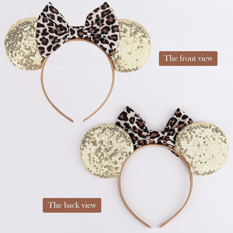 2-Pack Minnie-Style Sequin Ear Headbands for Women & Girls – Sparkly Mouse Ears with Fabric Bows (Polka Dot Red & Leopard Print), Stretchy Comfort Fit, Perfect for Theme Parks, Parties, Cosplay, Photoshoots, and Daily Fun (Black & Beige)