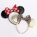 2-Pack Minnie-Style Sequin Ear Headbands for Women & Girls – Sparkly Mouse Ears with Fabric Bows (Polka Dot Red & Leopard Print), Stretchy Comfort Fit, Perfect for Theme Parks, Parties, Cosplay, Photoshoots, and Daily Fun (Black & Beige)