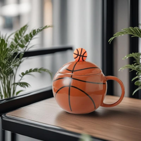 Basketball-Themed Ceramic Mug with Lid and Spoon – Fun Sports Gift for Fans, Players, Coaches & Kids – 14oz Coffee Tea Cup with Basketball Design (Red)