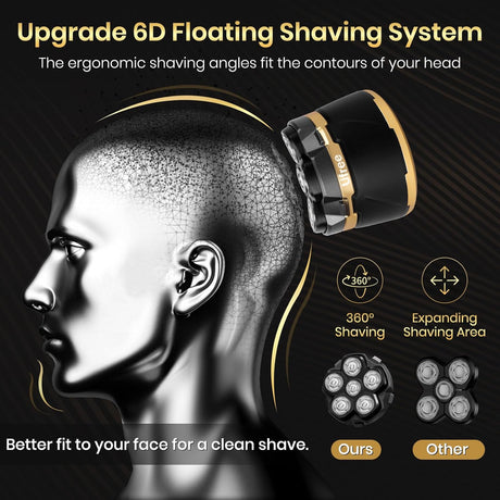 6D Magnetic Bald Shaver for Men – Cordless Rechargeable Electric Head Shaver with LED Display, IPX6 Waterproof, 3-Second Travel Lock, 6 Floating Heads, Includes Storage Bag & Cleaning Brush (Black)