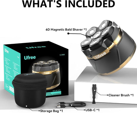 6D Magnetic Bald Shaver for Men – Cordless Rechargeable Electric Head Shaver with LED Display, IPX6 Waterproof, 3-Second Travel Lock, 6 Floating Heads, Includes Storage Bag & Cleaning Brush (Black)