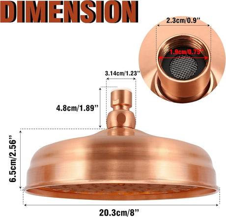 8-Inch Rainfall Shower Head, High-Pressure Antique Copper Showerhead with 360° Adjustable Ball Joint for Bathroom, Hotel, Gym (Antique Red)