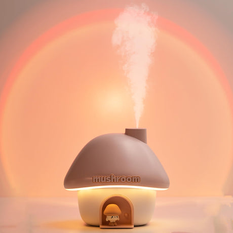 Portable Mushroom Humidifier with 7 Color Sunset Light, USB Rechargeable Mini Air Moisturizer for Desk, Bedroom, Travel, Baby Room – Silent & Cute Design Use(Pink)