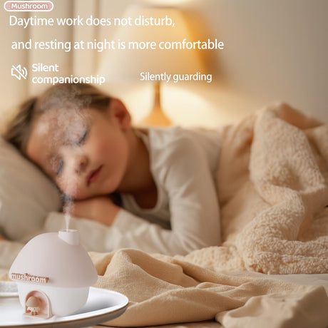 Portable Mushroom Humidifier with 7 Color Sunset Light, USB Rechargeable Mini Air Moisturizer for Desk, Bedroom, Travel, Baby Room – Silent & Cute Design Use(Pink)