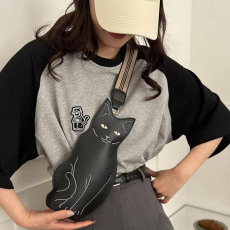 Cute 3D Cat Shape Crossbody Bag – Unisex PU Leather Shoulder Sling Backpack for Women & Men, Fashionable Mini Chest Bag, Trendy Accessory (Black-Grey)