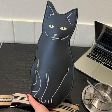 Cute 3D Cat Shape Crossbody Bag – Unisex PU Leather Shoulder Sling Backpack for Women & Men, Fashionable Mini Chest Bag, Trendy Accessory (Black-Grey)