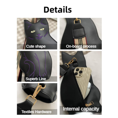 Cute 3D Cat Shape Crossbody Bag – Unisex PU Leather Shoulder Sling Backpack for Women & Men, Fashionable Mini Chest Bag, Trendy Accessory (Black-Grey)