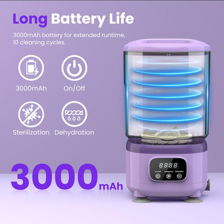 Portable Mini Washing Machine with Spin Dry & UV Sterilization – 3L Capacity, Wash, Rinse, Dehydrate, and Disinfect in One, Ideal for Underwear, Socks, Baby Clothes (Purple)