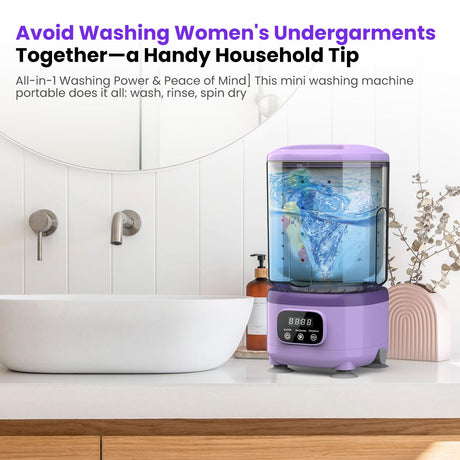 Portable Mini Washing Machine with Spin Dry & UV Sterilization – 3L Capacity, Wash, Rinse, Dehydrate, and Disinfect in One, Ideal for Underwear, Socks, Baby Clothes (Purple)