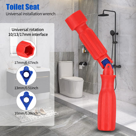 Universal Toilet Seat Installation Wrench – 10/13/17mm Adjustable Bathroom Repair Tool with Rotating Joint, Non-Slip Handle, Compact Design (Red)