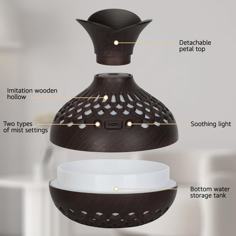 Portable USB Humidifier with 7-Color LED Night Light – Wood Grain Flower Design, Quiet Cool Mist Diffuser for Home, Office & Car (Lightwood)