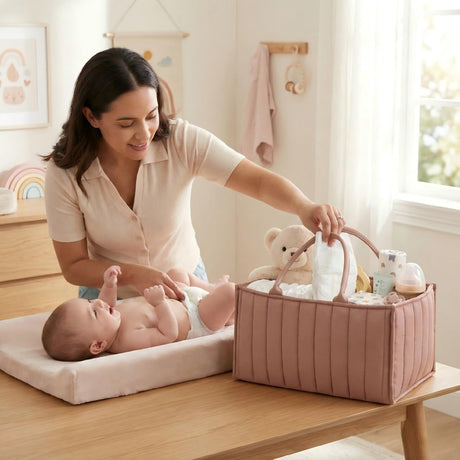 Large Baby Diaper Caddy Organizer – Stylish Storage Basket for Nursery, Changing Table & Travel – Portable Urn for Diapers, Wipes, Toys & Essentials (Pink)