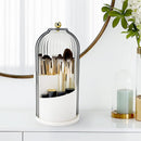 360° Rotating Makeup Brush Holder with Dustproof Cover, 3-Slot Vanity Organizer for Cosmetics & Toiletries, Birdcage Design for Bathroom & Desk (White)