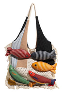 Boho Knit Tote Bag with 3D Fish Applique – Patchwork Shoulder Bag for Women, Beach, Travel & Daily Use – Soft Fringe Design (White)
