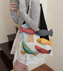Boho Knit Tote Bag with 3D Fish Applique – Patchwork Shoulder Bag for Women, Beach, Travel & Daily Use – Soft Fringe Design (White)