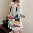 Boho Knit Tote Bag with 3D Fish Applique – Patchwork Shoulder Bag for Women, Beach, Travel & Daily Use – Soft Fringe Design (White)