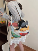 Boho Knit Tote Bag with 3D Fish Applique – Patchwork Shoulder Bag for Women, Beach, Travel & Daily Use – Soft Fringe Design (White)