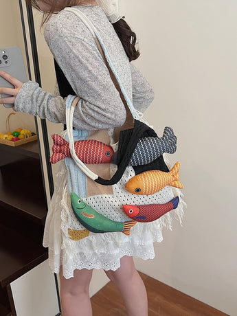 Boho Knit Tote Bag with 3D Fish Applique – Patchwork Shoulder Bag for Women, Beach, Travel & Daily Use – Soft Fringe Design (White)