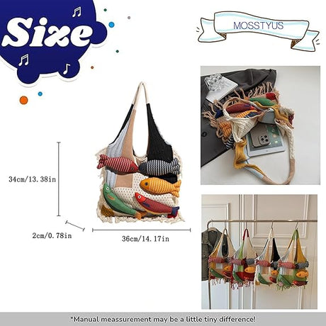 Boho Knit Tote Bag with 3D Fish Applique – Patchwork Shoulder Bag for Women, Beach, Travel & Daily Use – Soft Fringe Design (White)
