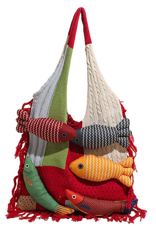 Boho Knit Tote Bag with 3D Fish Applique – Patchwork Shoulder Bag for Women, Beach, Travel & Daily Use – Soft Fringe Design (Red)
