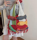 Boho Knit Tote Bag with 3D Fish Applique – Patchwork Shoulder Bag for Women, Beach, Travel & Daily Use – Soft Fringe Design (Red)