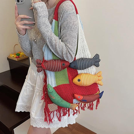 Boho Knit Tote Bag with 3D Fish Applique – Patchwork Shoulder Bag for Women, Beach, Travel & Daily Use – Soft Fringe Design (Red)