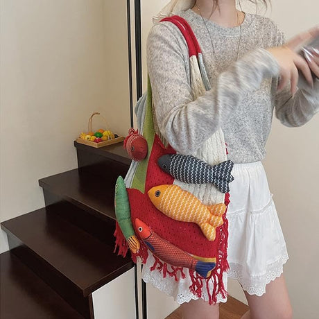 Boho Knit Tote Bag with 3D Fish Applique – Patchwork Shoulder Bag for Women, Beach, Travel & Daily Use – Soft Fringe Design (Red)