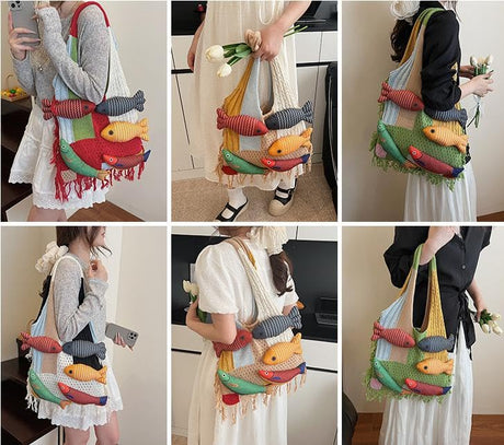 Boho Knit Tote Bag with 3D Fish Applique – Patchwork Shoulder Bag for Women, Beach, Travel & Daily Use – Soft Fringe Design (Red)