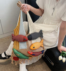 Boho Knit Tote Bag with 3D Fish Applique – Patchwork Shoulder Bag for Women, Beach, Travel & Daily Use – Soft Fringe Design (Khaki)