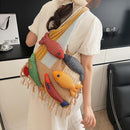 Boho Knit Tote Bag with 3D Fish Applique – Patchwork Shoulder Bag for Women, Beach, Travel & Daily Use – Soft Fringe Design (Khaki)