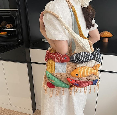 Boho Knit Tote Bag with 3D Fish Applique – Patchwork Shoulder Bag for Women, Beach, Travel & Daily Use – Soft Fringe Design (Khaki)