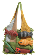 Boho Knit Tote Bag with 3D Fish Applique – Patchwork Shoulder Bag for Women, Beach, Travel & Daily Use – Soft Fringe Design (Green)