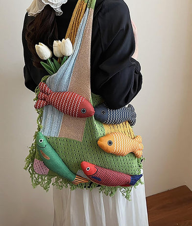 Boho Knit Tote Bag with 3D Fish Applique – Patchwork Shoulder Bag for Women, Beach, Travel & Daily Use – Soft Fringe Design (Green)