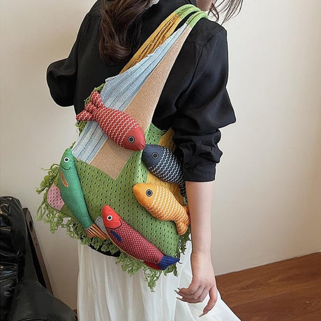 Boho Knit Tote Bag with 3D Fish Applique – Patchwork Shoulder Bag for Women, Beach, Travel & Daily Use – Soft Fringe Design (Green)