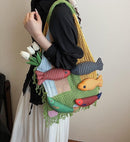 Boho Knit Tote Bag with 3D Fish Applique – Patchwork Shoulder Bag for Women, Beach, Travel & Daily Use – Soft Fringe Design (Green)