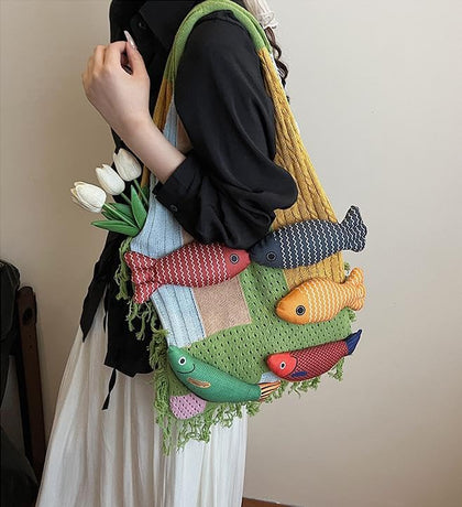 Boho Knit Tote Bag with 3D Fish Applique – Patchwork Shoulder Bag for Women, Beach, Travel & Daily Use – Soft Fringe Design (Green)