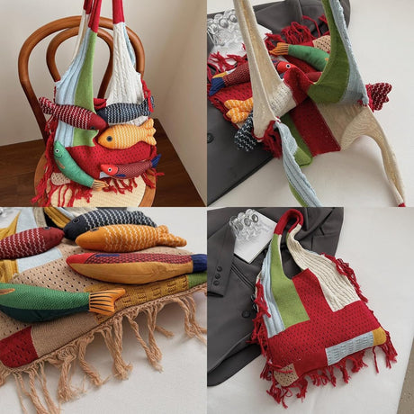 Boho Knit Tote Bag with 3D Fish Applique – Patchwork Shoulder Bag for Women, Beach, Travel & Daily Use – Soft Fringe Design (Green)
