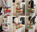 Boho Knit Tote Bag with 3D Fish Applique – Patchwork Shoulder Bag for Women, Beach, Travel & Daily Use – Soft Fringe Design (Green)