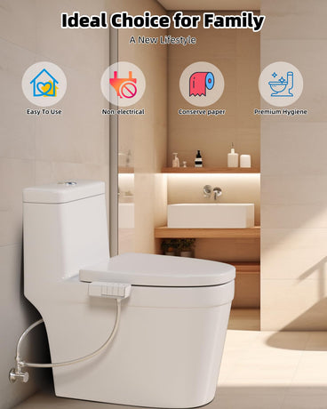 Non-Electric Mechanical Bidet Attachment – Ultra-Slim Dual Nozzle Design with Feminine & Posterior Wash, Adjustable Water Pressure, Self-Cleaning Spray, Brass Inlet, Stainless Steel Hose, Tool-Free Installation for Standard Toilets (White)