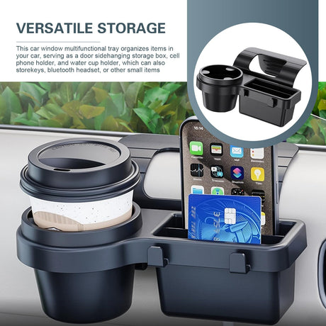 Universal Car Window Organizer with Cup Holder and Phone Tray – 4-in-1 Door Side Storage Box for Drinks, Keys, and Gadgets (Black)