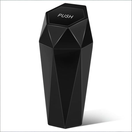 Push-Top Car Trash Can – Compact 600mL Auto-Close Garbage Bin for Cup Holder, Door Pocket & Desk, Waterproof, Leakproof, Sleek Geometric Design (Black)